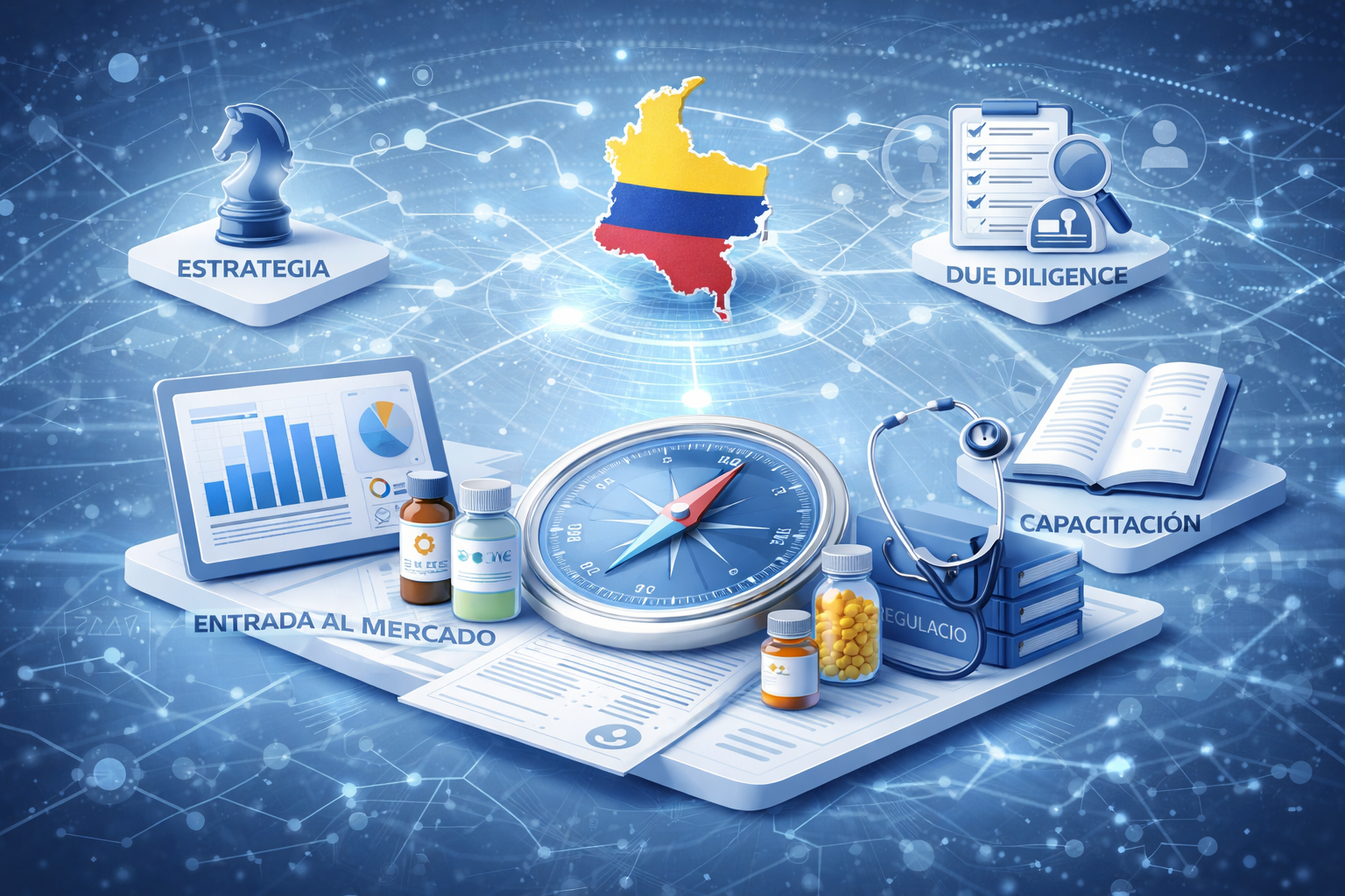 Ilustración abstracta de estrategia y expansión en el sector salud colombiano