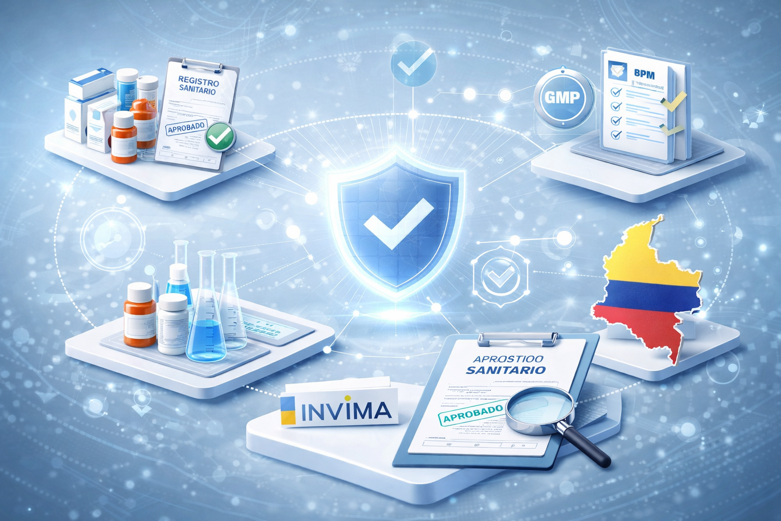 Concepto visual abstracto de cumplimiento regulatorio sanitario en Colombia