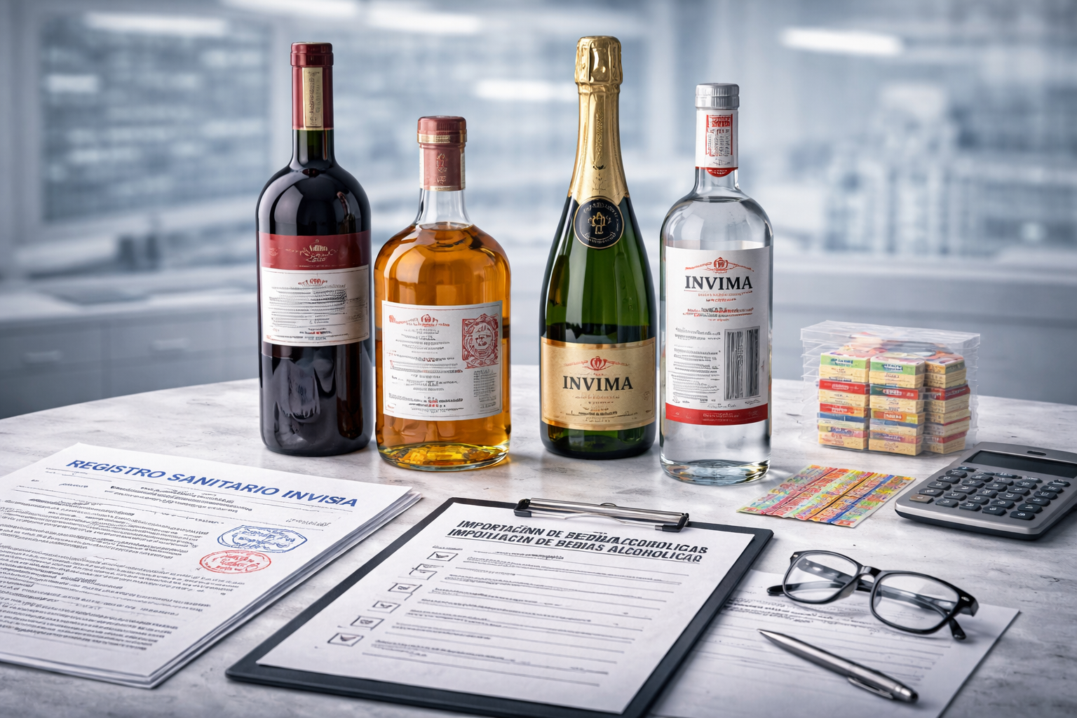 Botellas de bebidas alcohólicas con etiquetado y sellos en entorno profesional