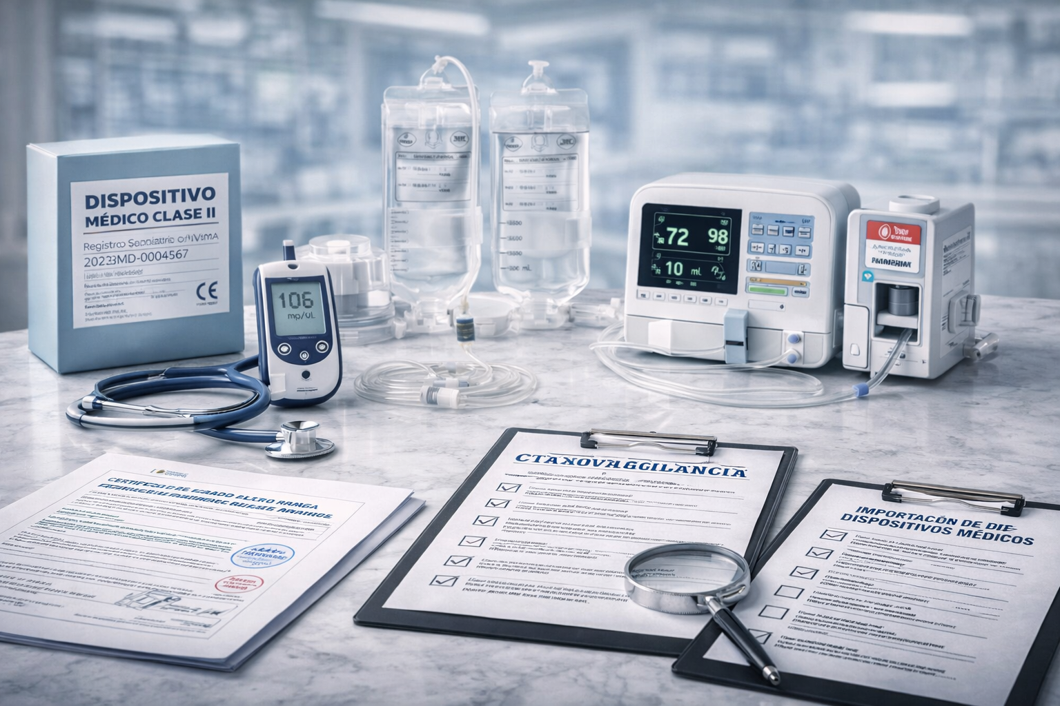 Equipos médicos y dispositivos biomédicos en entorno clínico moderno