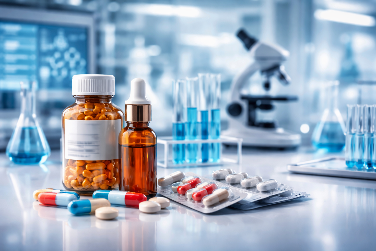 Laboratorio farmacéutico moderno con equipos y muestras en ambiente controlado