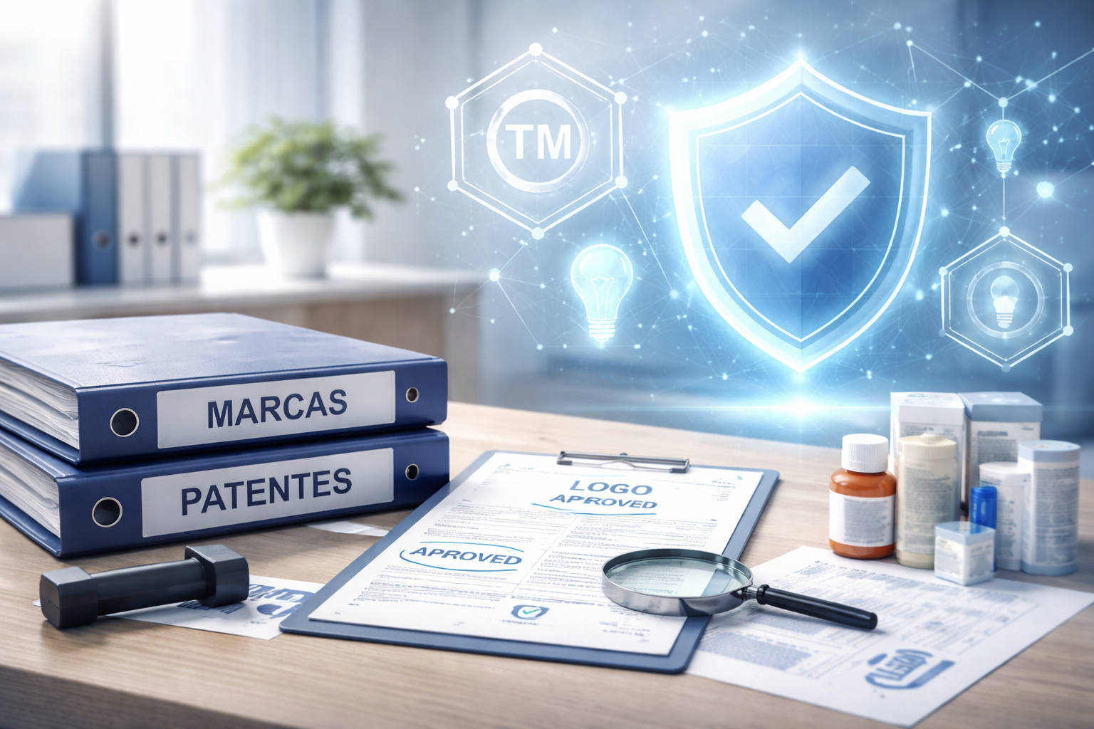 Ilustración corporativa abstracta sobre registro de marcas y patentes en el sector farmacéutico