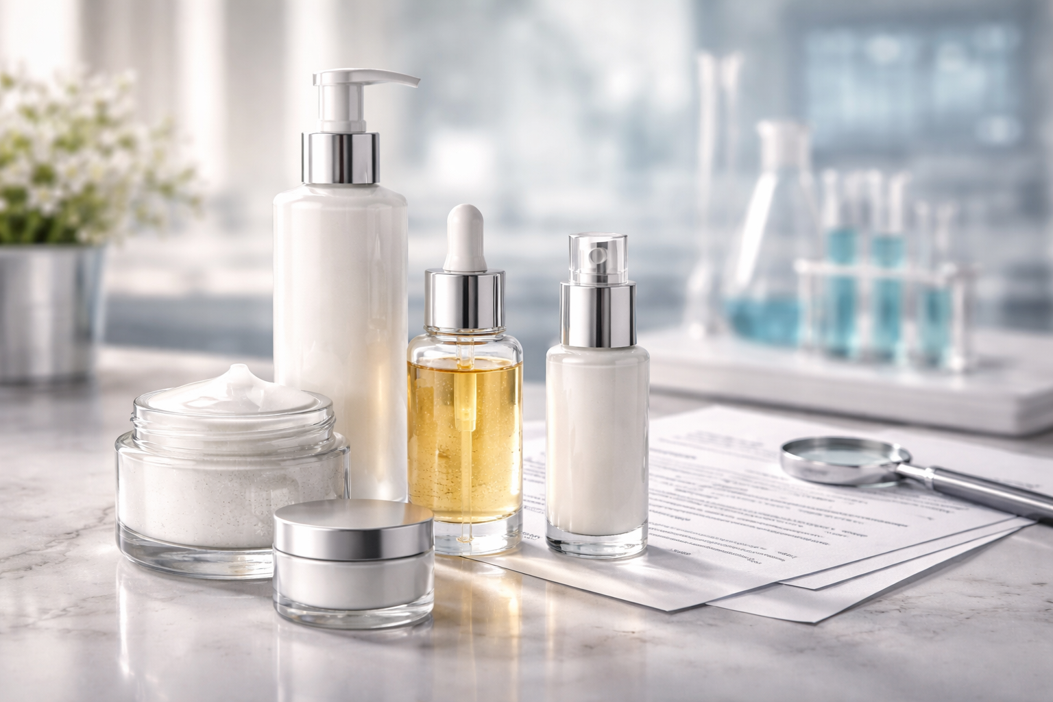 Laboratorio cosmético con envases y productos en proceso de control de calidad