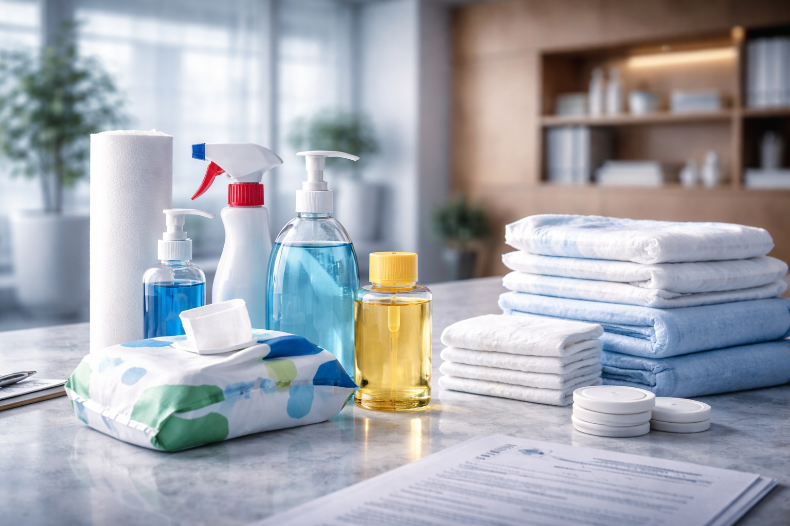 Productos de limpieza industrial con etiquetado en entorno de control de calidad