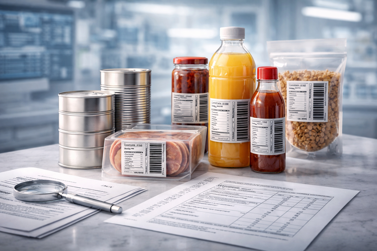 Productos alimenticios procesados con etiquetado nutricional en entorno industrial